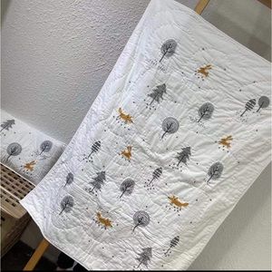 Handmade White and Gray Quilted Blanket with Fox Design